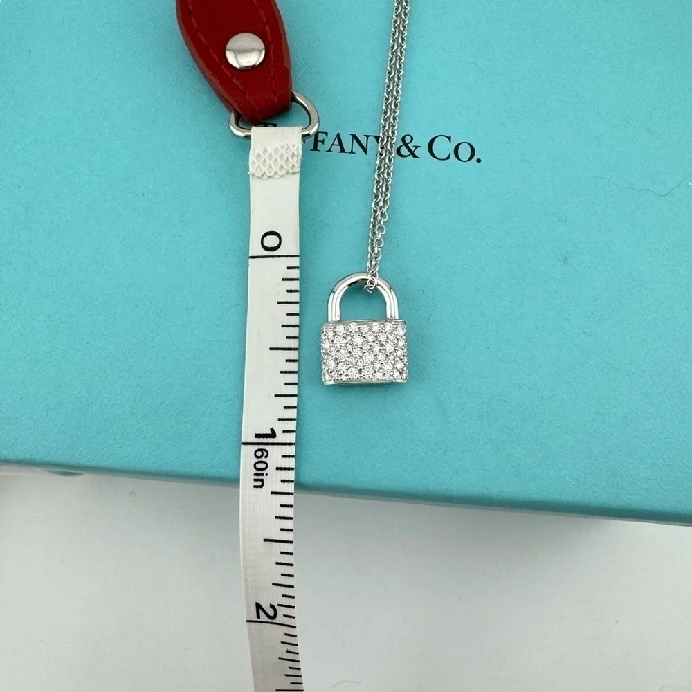 RARE Tiffany & Co. 18k Pave 💎 Diamond Padlock Necklace White Gold - Picture 5 of 9